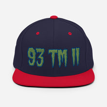 Load image into Gallery viewer, 93 TM 11 Snapback Hat ( Green Letters &amp; Blue Outline )
