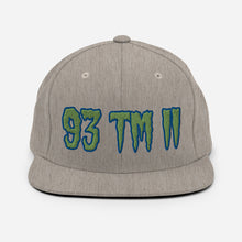 Load image into Gallery viewer, 93 TM 11 Snapback Hat ( Green Letters &amp; Blue Outline )
