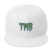 Load image into Gallery viewer, TMB Snapback Hat ( Green Letters &amp; Blue Outline )
