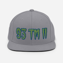 Load image into Gallery viewer, 93 TM 11 Snapback Hat ( Green Letters &amp; Blue Outline )
