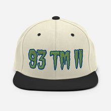 Load image into Gallery viewer, 93 TM 11 Snapback Hat ( Green Letters &amp; Blue Outline )
