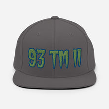 Load image into Gallery viewer, 93 TM 11 Snapback Hat ( Green Letters &amp; Blue Outline )
