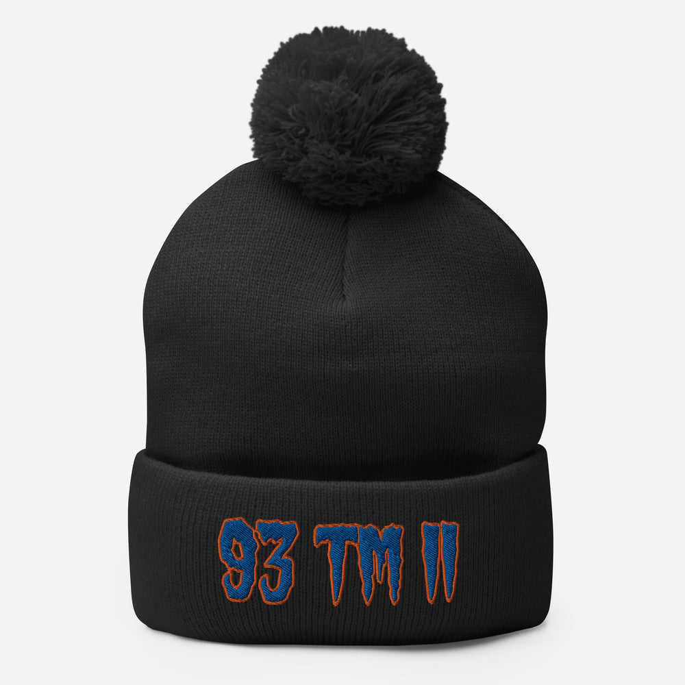 93 TM 11 Pom-Pom Beanie ( Blue Letters & Orange Outline )