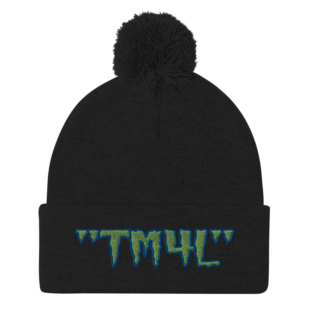 TM4L Pom-Pom Beanie ( Green Letters & Blue Outline )