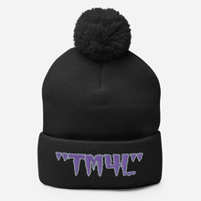 Load image into Gallery viewer, TM4L Pom-Pom Beanie ( Purple Letters &amp; Grey Outline )

