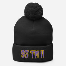 Load image into Gallery viewer, 93 TM 11 Pom-Pom Beanie ( Purple Letters &amp; Gold Outline )
