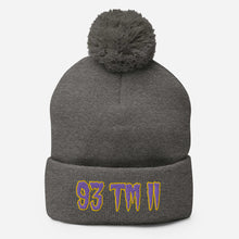 Load image into Gallery viewer, 93 TM 11 Pom-Pom Beanie ( Purple Letters &amp; Gold Outline )
