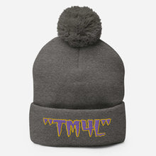 Load image into Gallery viewer, TM4L Pom-Pom Beanie ( Purple Letters &amp; Yellow Outline )
