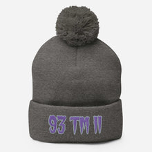 Load image into Gallery viewer, 93 TM 11 Pom-Pom Beanie ( Purple Letters &amp; Grey Outline )
