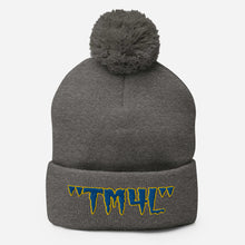 Load image into Gallery viewer, TM4L Pom-Pom Beanie ( Blue Letters &amp; Yellow Outline )

