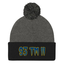 Load image into Gallery viewer, 93 TM 11 Pom-Pom Beanie ( Blue Letters &amp; Gold Outline )
