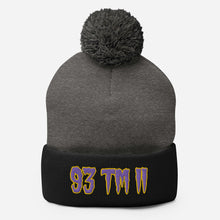 Load image into Gallery viewer, 93 TM 11 Pom-Pom Beanie ( Purple Letters &amp; Gold Outline )
