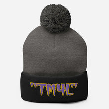 Load image into Gallery viewer, TM4L Pom-Pom Beanie ( Purple Letters &amp; Yellow Outline )
