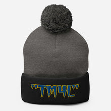 Load image into Gallery viewer, TM4L Pom-Pom Beanie ( Blue Letters &amp; Yellow Outline )
