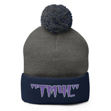 Load image into Gallery viewer, TM4L Pom-Pom Beanie ( Purple Letters &amp; Grey Outline )
