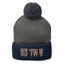 Load image into Gallery viewer, 93 TM 11 Pom-Pom Beanie ( Purple Letters &amp; Gold Outline )
