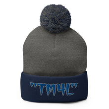 Load image into Gallery viewer, TM4L Pom-Pom Beanie ( Blue Letters &amp; Gray Outline )
