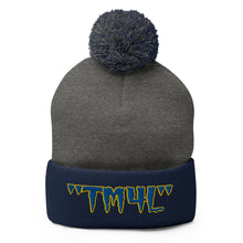 Load image into Gallery viewer, TM4L Pom-Pom Beanie ( Blue Letters &amp; Yellow Outline )
