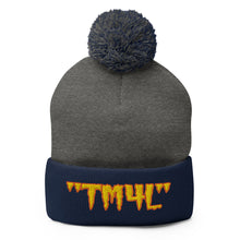 Load image into Gallery viewer, TM4L Pom-Pom Beanie ( Gold Letters &amp; Orange Outline )
