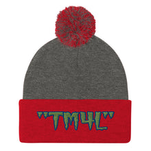 Load image into Gallery viewer, TM4L Pom-Pom Beanie ( Green Letters &amp; Blue Outline )
