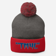 Load image into Gallery viewer, TM4L Pom-Pom Beanie ( Blue Letters &amp; Gray Outline )
