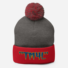 Load image into Gallery viewer, TM4L Pom-Pom Beanie ( Blue Letters &amp; Yellow Outline )
