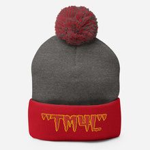 Load image into Gallery viewer, TM4L Pom-Pom Beanie ( Red Letters &amp; Gold Outline )
