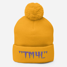 Load image into Gallery viewer, TM4L Pom-Pom Beanie ( Purple Letters &amp; Yellow Outline )
