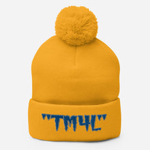 Load image into Gallery viewer, TM4L Pom-Pom Beanie ( Blue Letters &amp; Gray Outline )
