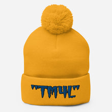 Load image into Gallery viewer, TM4L Pom-Pom Beanie ( Blue Letters &amp; Black Outline )
