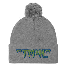Load image into Gallery viewer, TM4L Pom-Pom Beanie ( Green Letters &amp; Blue Outline )
