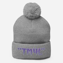 Load image into Gallery viewer, TM4L Pom-Pom Beanie ( Purple Letters &amp; Grey Outline )
