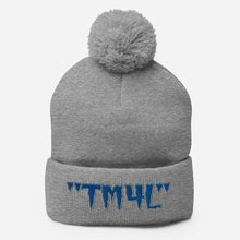 Load image into Gallery viewer, TM4L Pom-Pom Beanie ( Blue Letters &amp; Gray Outline )
