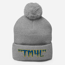 Load image into Gallery viewer, TM4L Pom-Pom Beanie ( Blue Letters &amp; Yellow Outline )
