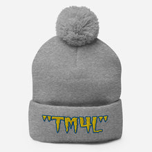 Load image into Gallery viewer, TM4L Pom-Pom Beanie ( Yellow Letters &amp; Blue Outline )
