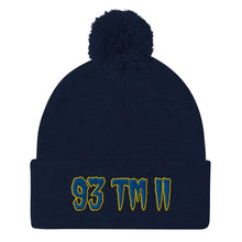 Load image into Gallery viewer, 93 TM 11 Pom-Pom Beanie ( Blue Letters &amp; Gold Outline )
