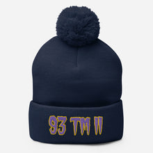 Load image into Gallery viewer, 93 TM 11 Pom-Pom Beanie ( Purple Letters &amp; Gold Outline )

