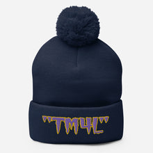 Load image into Gallery viewer, TM4L Pom-Pom Beanie ( Purple Letters &amp; Yellow Outline )
