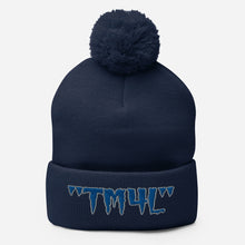 Load image into Gallery viewer, TM4L Pom-Pom Beanie ( Blue Letters &amp; Gray Outline )
