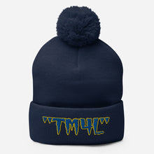 Load image into Gallery viewer, TM4L Pom-Pom Beanie ( Blue Letters &amp; Yellow Outline )
