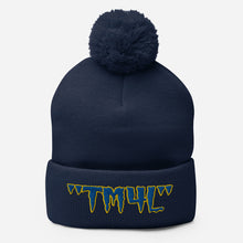 Load image into Gallery viewer, TM4L Pom-Pom Beanie ( Blue Letters &amp; Yellow Outline )
