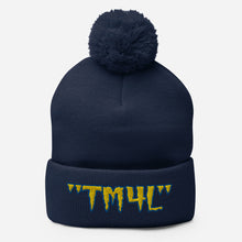 Load image into Gallery viewer, TM4L Pom-Pom Beanie ( Yellow Letters &amp; Blue Outline )
