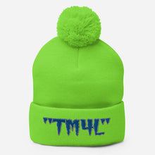 Load image into Gallery viewer, TM4L Pom-Pom Beanie ( Blue Letters &amp; Gray Outline )
