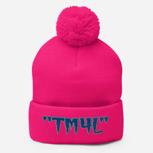 Load image into Gallery viewer, TM4L Pom-Pom Beanie ( Blue Letters &amp; Gray Outline )
