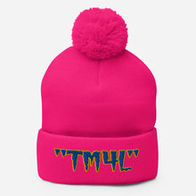 Load image into Gallery viewer, TM4L Pom-Pom Beanie ( Blue Letters &amp; Yellow Outline )
