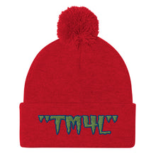 Load image into Gallery viewer, TM4L Pom-Pom Beanie ( Green Letters &amp; Blue Outline )
