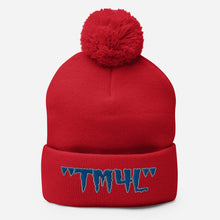Load image into Gallery viewer, TM4L Pom-Pom Beanie ( Blue Letters &amp; Gray Outline )
