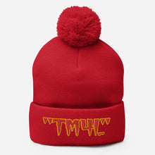Load image into Gallery viewer, TM4L Pom-Pom Beanie ( Red Letters &amp; Gold Outline )
