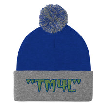 Load image into Gallery viewer, TM4L Pom-Pom Beanie ( Green Letters &amp; Blue Outline )
