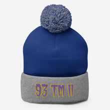 Load image into Gallery viewer, 93 TM 11 Pom-Pom Beanie ( Purple Letters &amp; Gold Outline )
